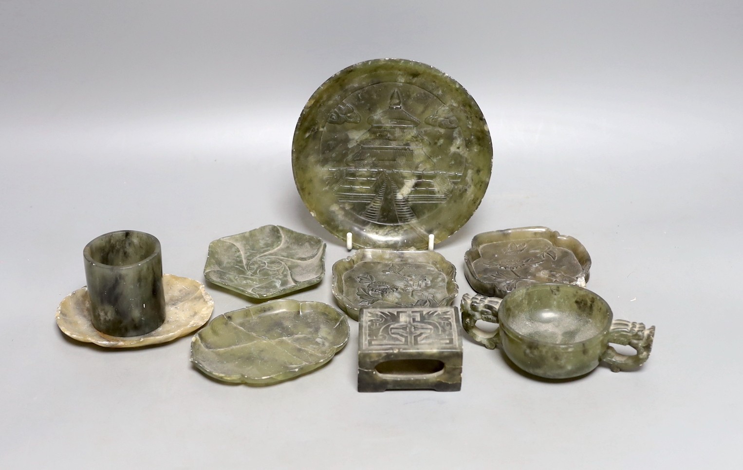 Nine carved Chinese soapstone items